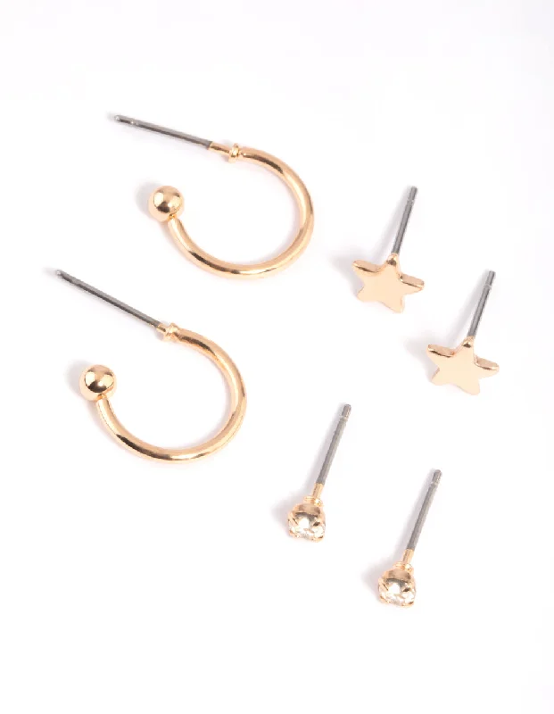 Women’s silver drop earrings-Gold Diamante Star Stud Earring Pack