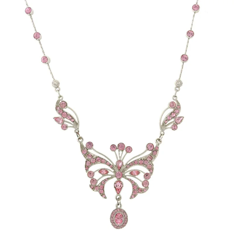 Women’s layered necklace-1928 Jewelry Silver With Pink Austrian Crystal Butterfly Pendant Necklace 15" + 3" Extender In Box