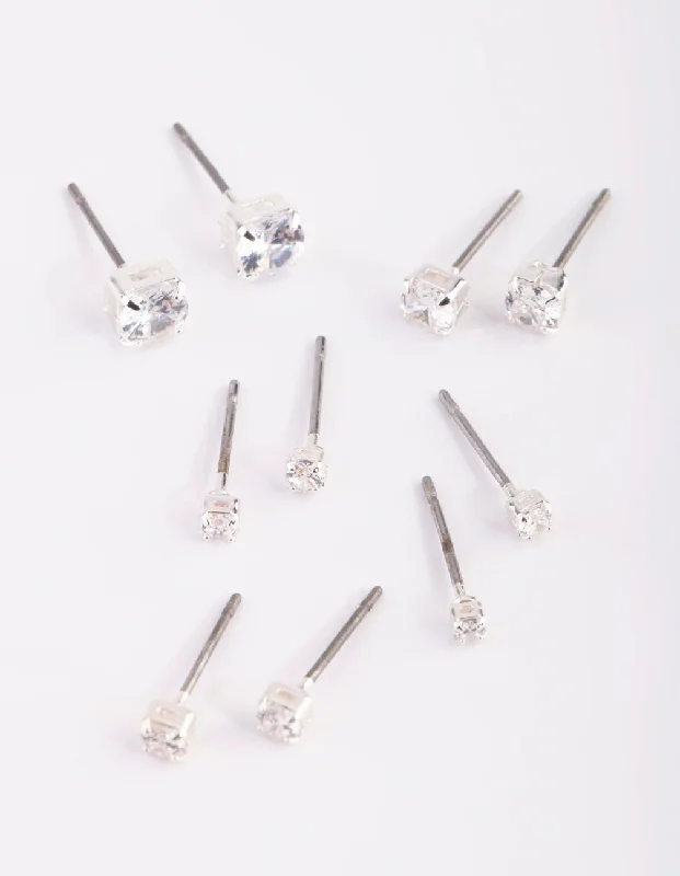 Women’s gold earrings-Silver Graduated Diamante Stud Earring 5-Pack