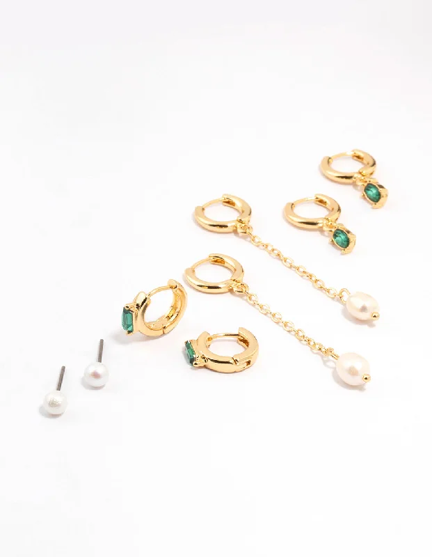 Women’s pearl stud earrings-Gold Plated Oval Emerald & Freshwater Pearl Earrings 4-Pack