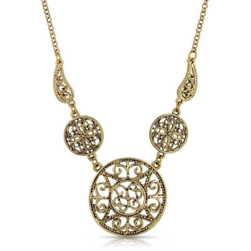 Women’s layered pearl necklace-1928 Jewelry Gentian Flower Disks Ornate Filigree Pendant Necklace 16" + 3" Extender