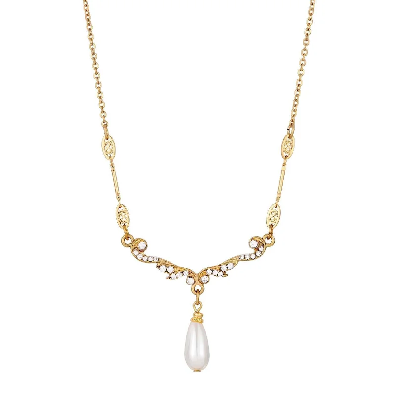 Women’s birthstone necklace-1928 Jewelry Belle Epoch Faux Pearl Teardrop Crystal Necklace 16" + 3" Extender