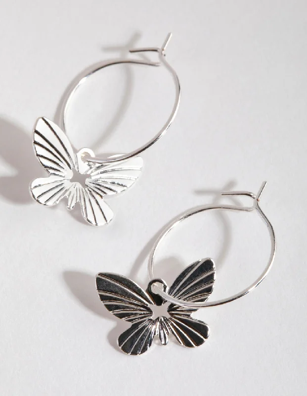 Women’s ear cuff earrings-Silver Butterfly Huggie Hoop Earrings