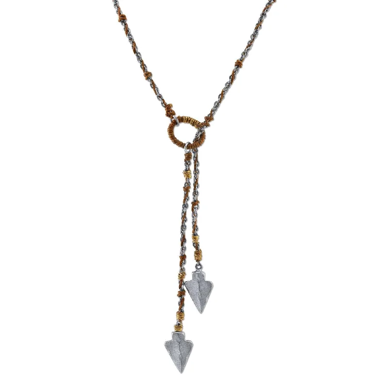 Women’s diamond necklace-T.R.U. Pewter-Tone Double Arrowhead Waxed Linen Wrapped Lariat Necklace 42"