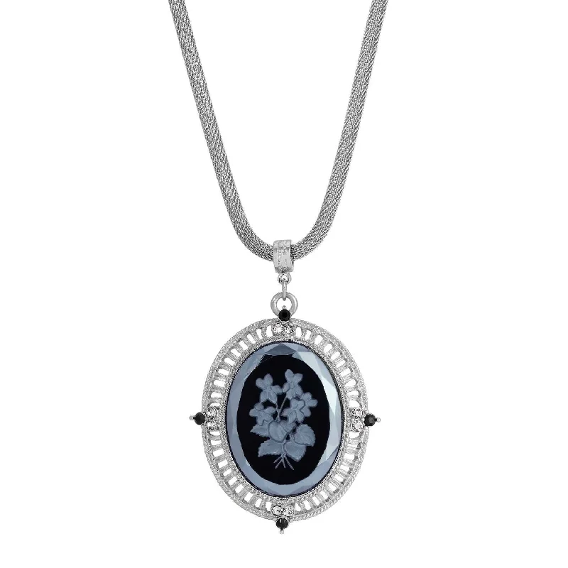 Women’s statement necklace-1928 Jewelry Black Intaglio Floral Stone Black & Clear Crystal Pendant Necklace 25"