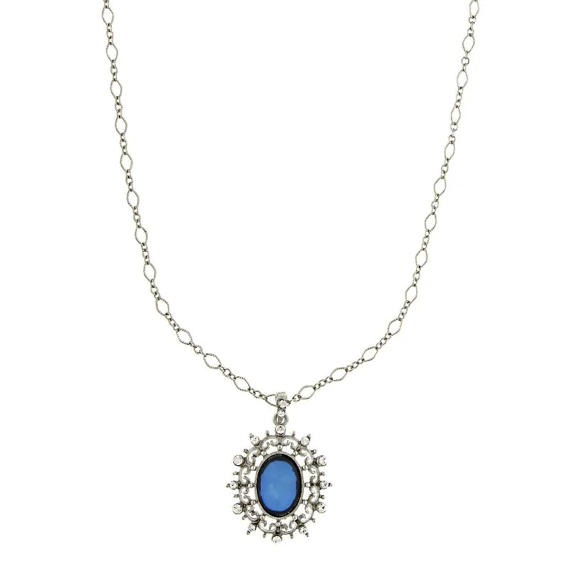 Women’s boho necklace-2028 Jewelry Blue Stone And Crystal Oval Pendant Necklace 16" + 3" Extender