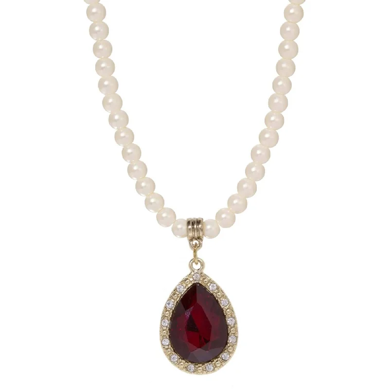 Women’s layered gold necklace-1928 Jewelry Faux Pearl Strand Red Glass Teardrop Crystal Pendant Necklace 15" + 3" Extender