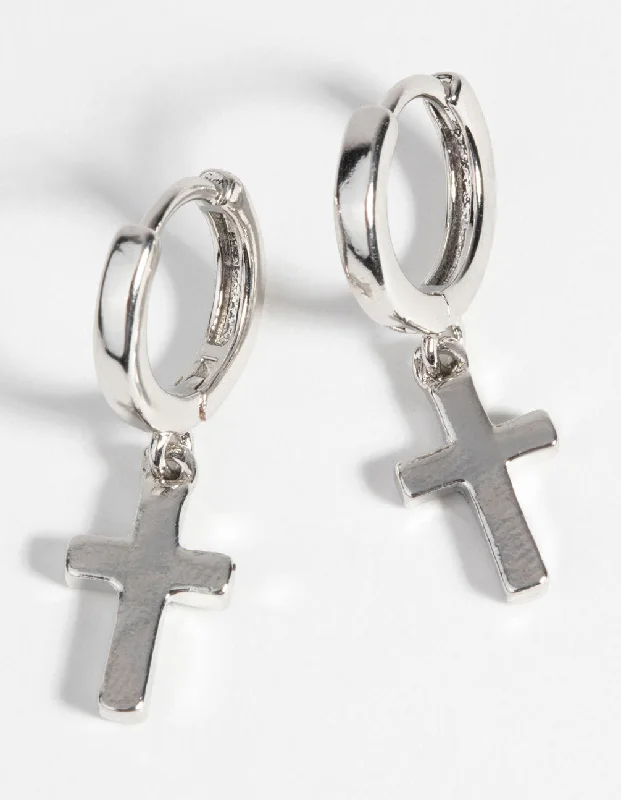 Women’s cz earrings-Silver Cross Huggie Hoop Earrings