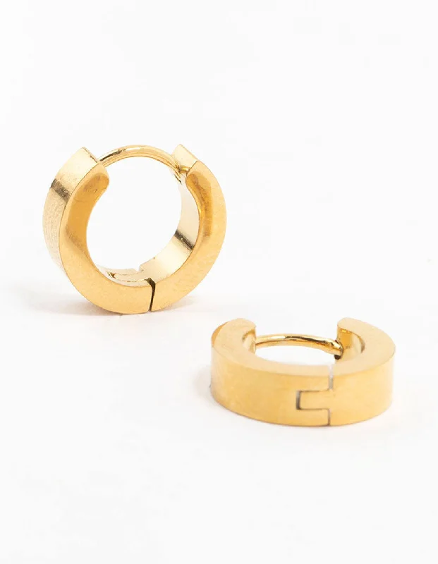 Women’s diamond earring studs-Waterproof Gold Plated Stainless Steel Wide Huggie Earrings