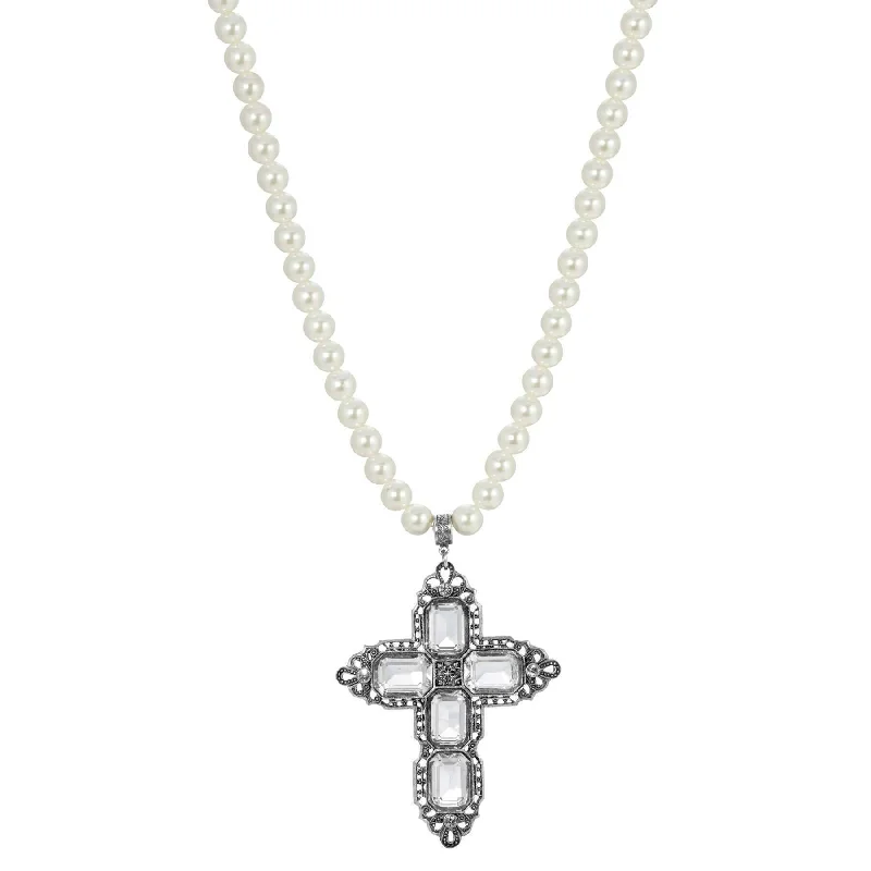 Women’s vintage necklace-Symbols Of Faith Octagon Stone Cross Pendant 10mm Faux Pearl Strand Necklace 18" + 3" Extender