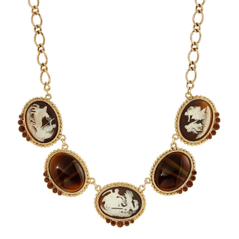 Women’s family birthstone necklace-1928 Jewelry Roman Chariots Gala Cameo & Tigers Eye Stones Necklace 16" + 3" Extender