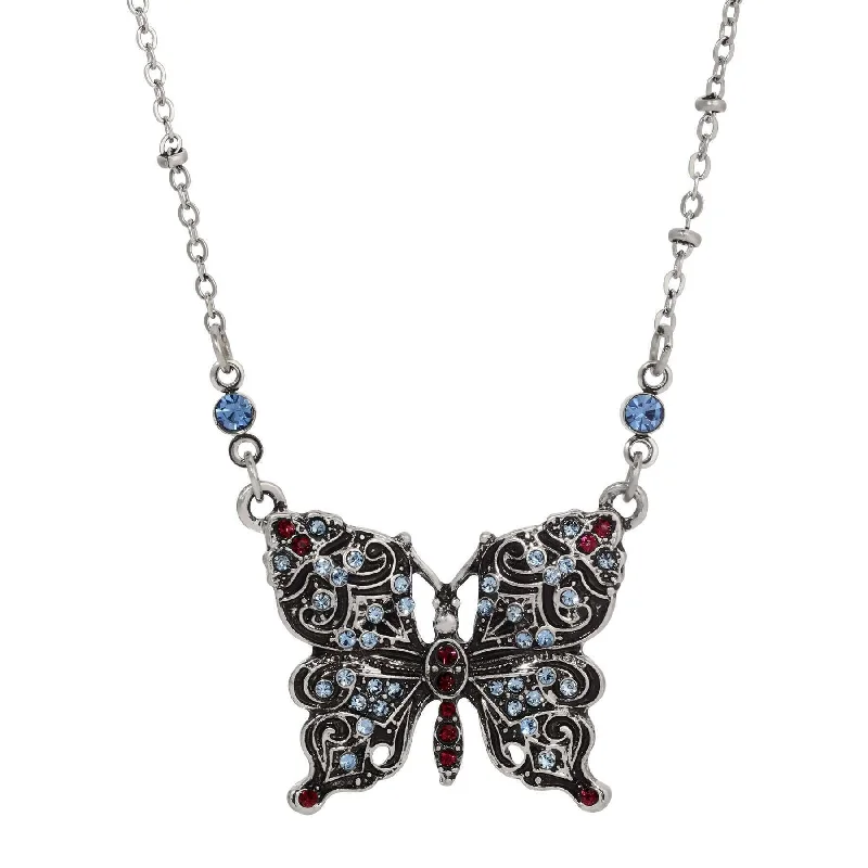 Women’s nameplate necklace-Regency Antiqued Butterfly Multi Color Crystals Pendant Necklace 16" + 3" Extension