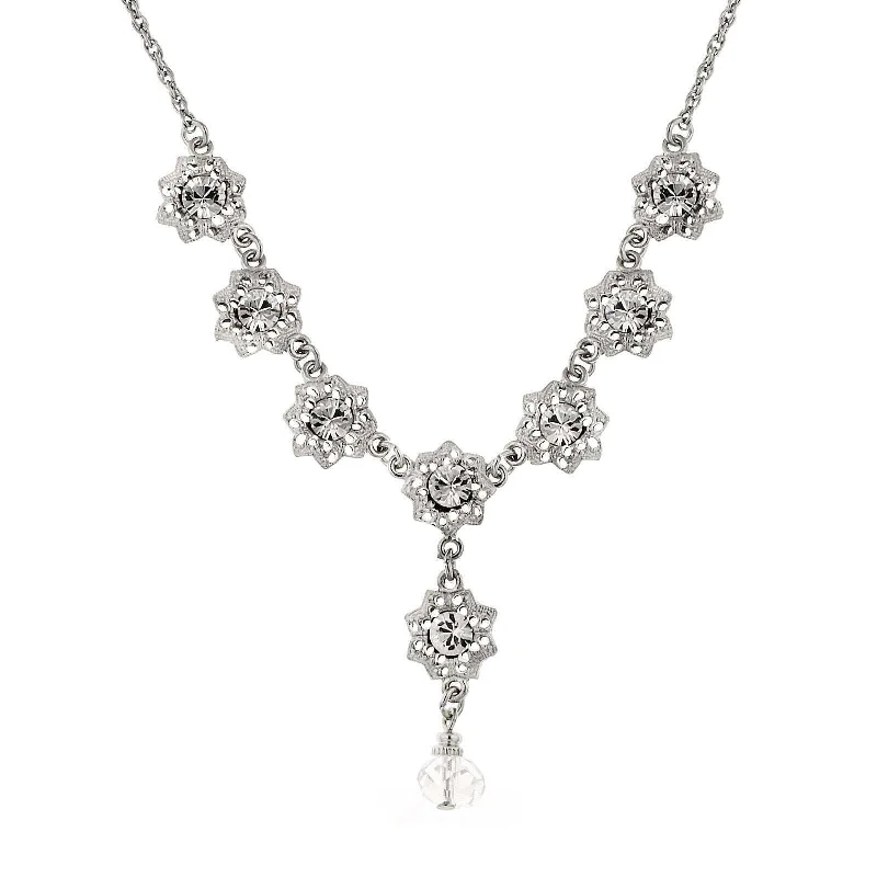 Women’s silver statement necklace-1928 Jewelry Crystal Flower Drop Necklace 16" + 3" Extender