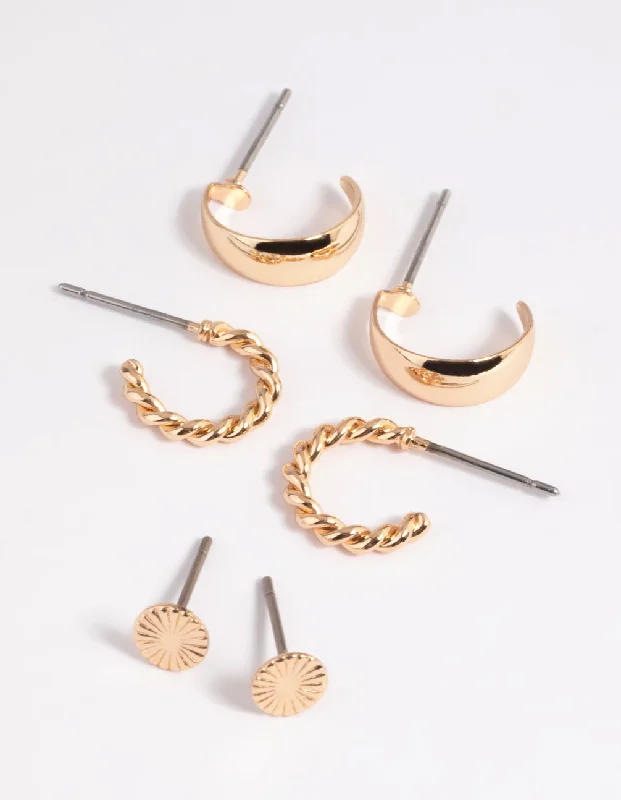 Women’s heart-shaped stud earrings-Gold Plain & Twist Stud Earring Pack