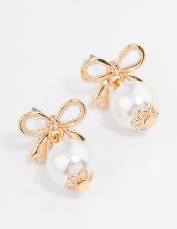 Women’s handmade earrings-Gold Bow Pearl Drop Earrings