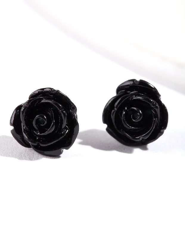 Women’s gold earrings-Black Rose Stud Earrings