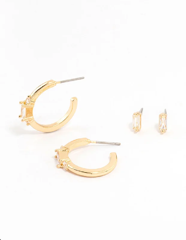 Women’s multi-color earrings-Gold Plated Cubic Zirconia Baguette Stud & Hoop Earrings 2-Pack