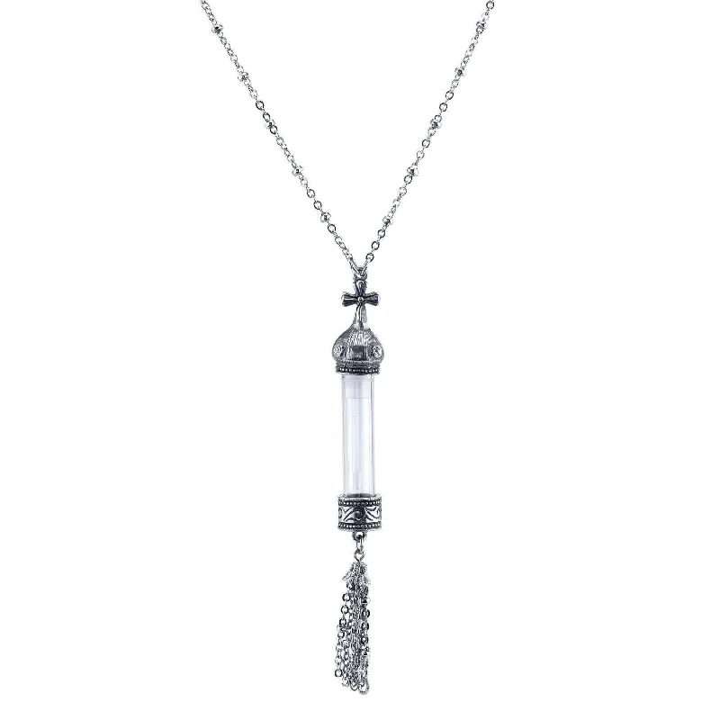 Women’s statement chain necklace-1928 Jewelry Antiqued Cross Cap Clear Crystal Glass Vial Tassel Necklace 30"