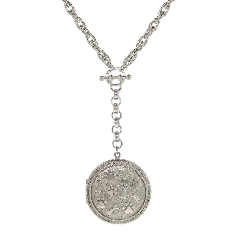 Women’s crystal charm necklace-1928 Jewelry Pewter Round Heart Paws And Bones Drop Locket Necklace 28"