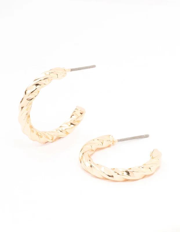 Women’s fashion earrings-Gold Twisted Huggie Earrings