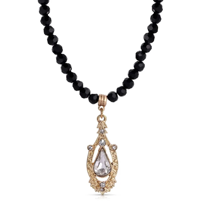 Women’s opal pendant necklace-1928 Jewelry Minuit Black Glass Strand Bead Crystal Pendant Necklace 15" + 3" Extender