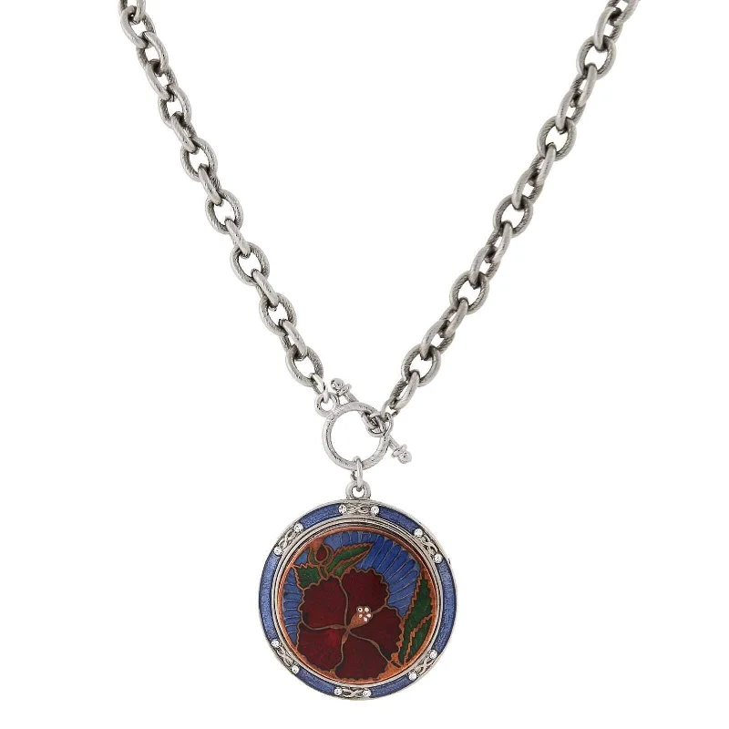 Women’s moon and stars necklace-1928 Jewelry Blue And Red Floral Enamel Medallion Toggle Pendant Necklace 20"