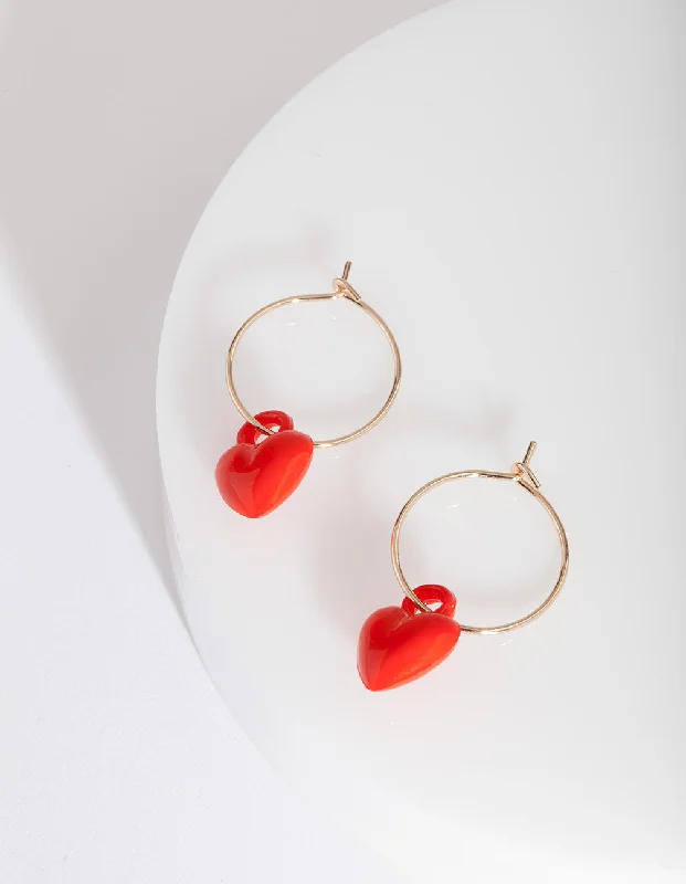 Women’s gold stud earrings-Red Mini Heart Hoop Earrings