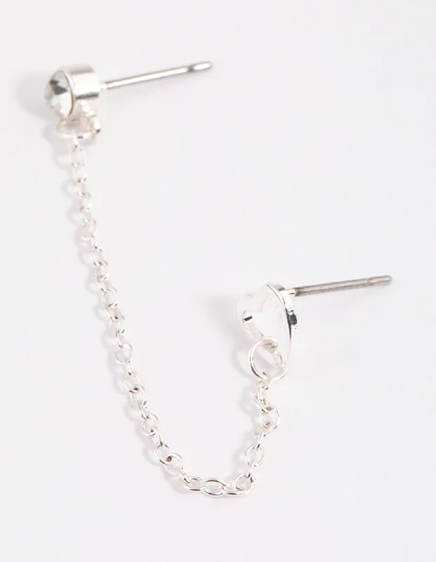 Women’s luxury drop earrings-Silver Diamante & Heart Chain Earrings