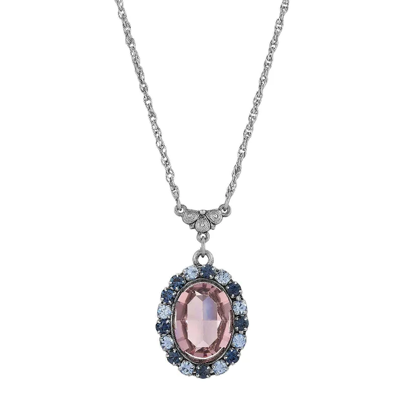 Women’s pearl necklace with silver-1928 Jewelry Anastasia Blue Rimmed Pink Oval Pendant Necklace 15" Chain