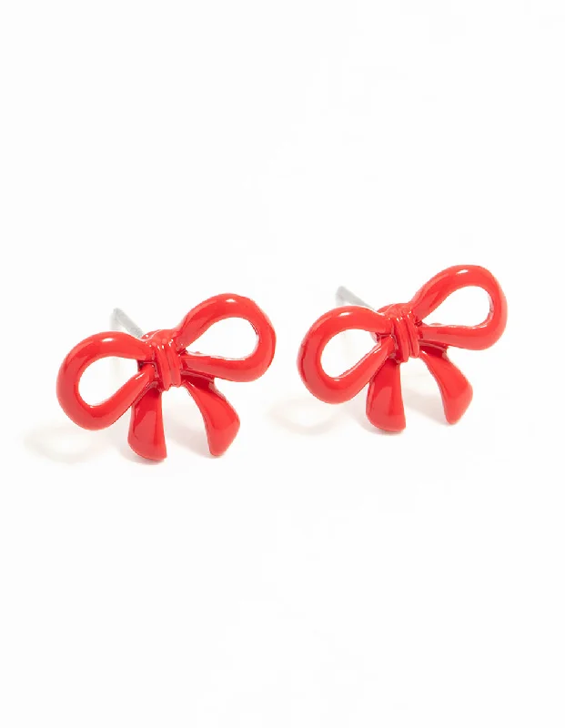 Women’s gemstone drop earrings-Red Coated Metal Ribbon Bow Stud Earrings