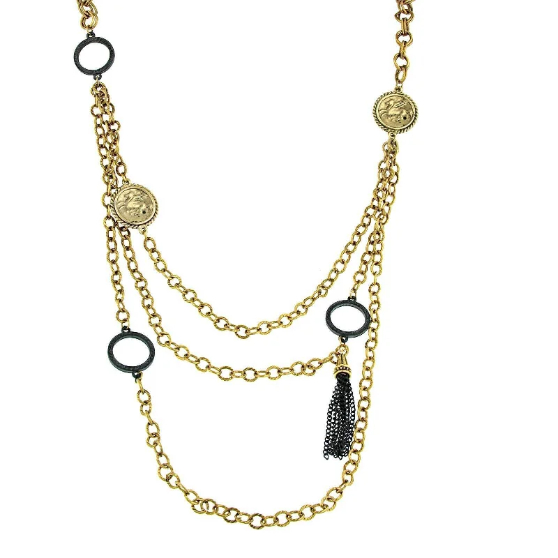 Women’s bridal necklace-Antiquities Couture Round Black Rings & Gold Pegasus Linking Layered Chain Necklace 30"