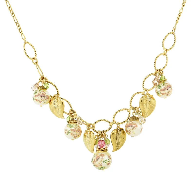 Women’s gemstone pendant necklace-1928 Jewelry Flower Decal Faux Pearl With Gold Leaf Necklace 16" + 3" Extender