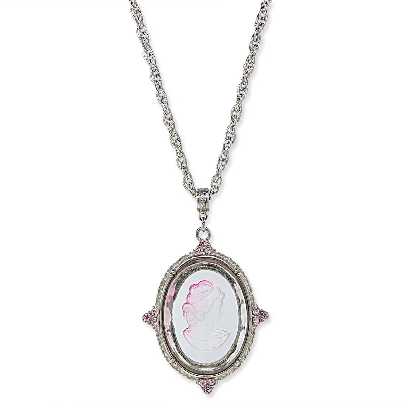 Women’s opal pendant necklace-1928 Jewelry Oval Frosted Glass Intaglio Crystal Pendant Necklace 30"