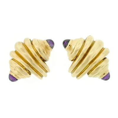 Women’s black gold earrings-Estate 18kt Gold Amethyst Seashell Clip-On Earrings