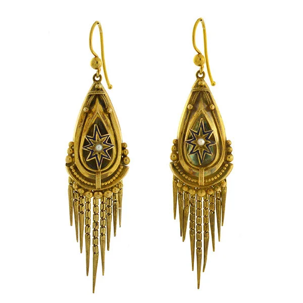 Women’s rose gold drop earrings-Victorian 15kt Pearl Enameled Starburst Foxtail Fringe Earrings