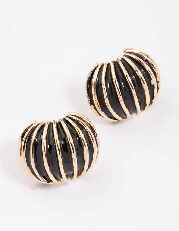 Women’s pearl drop earrings-Gold & Black Ribbed Small Stud Earrings