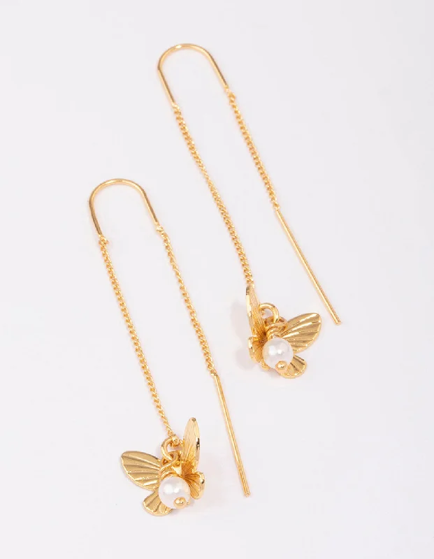 Women’s luxury pearl earrings-Gold Plated Pearl Butterfly Thread Through Earrings