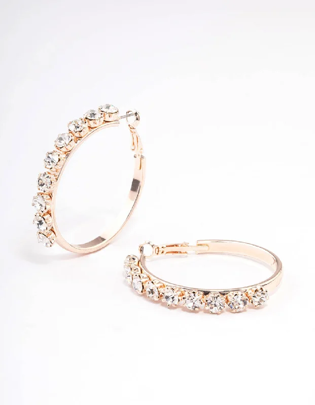 Women’s unique earrings-Rose Gold Round Diamante Medium Hoop Earrings