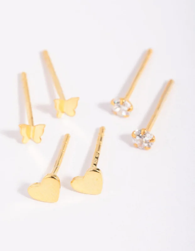 Women’s crystal stud earrings-Gold Plated Sterling Silver Heart & Butterfly Stud Earring Pack