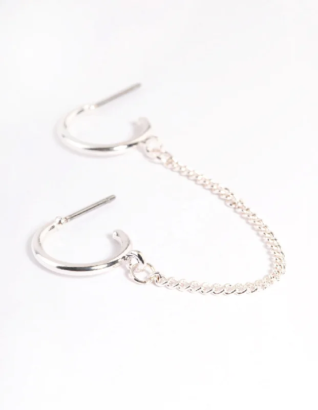 Women’s sterling silver hoops-Silver Double Hoop Chain Earrings