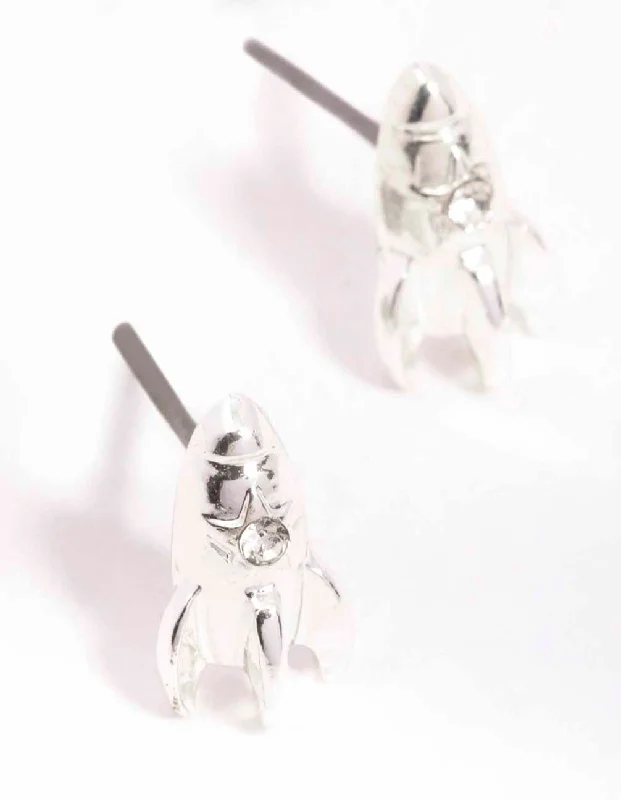 Women’s chandelier earrings-Silver Rocket Ship Stud Earrings