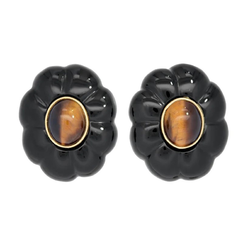 Women’s large hoop earrings-Retro 14k Onyx and Tiger's Eye Flower Earrings