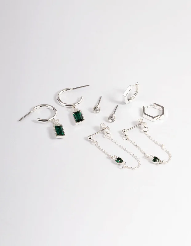 Women’s pearl earrings-Green Diamante Baguette Earrings 4-Pack