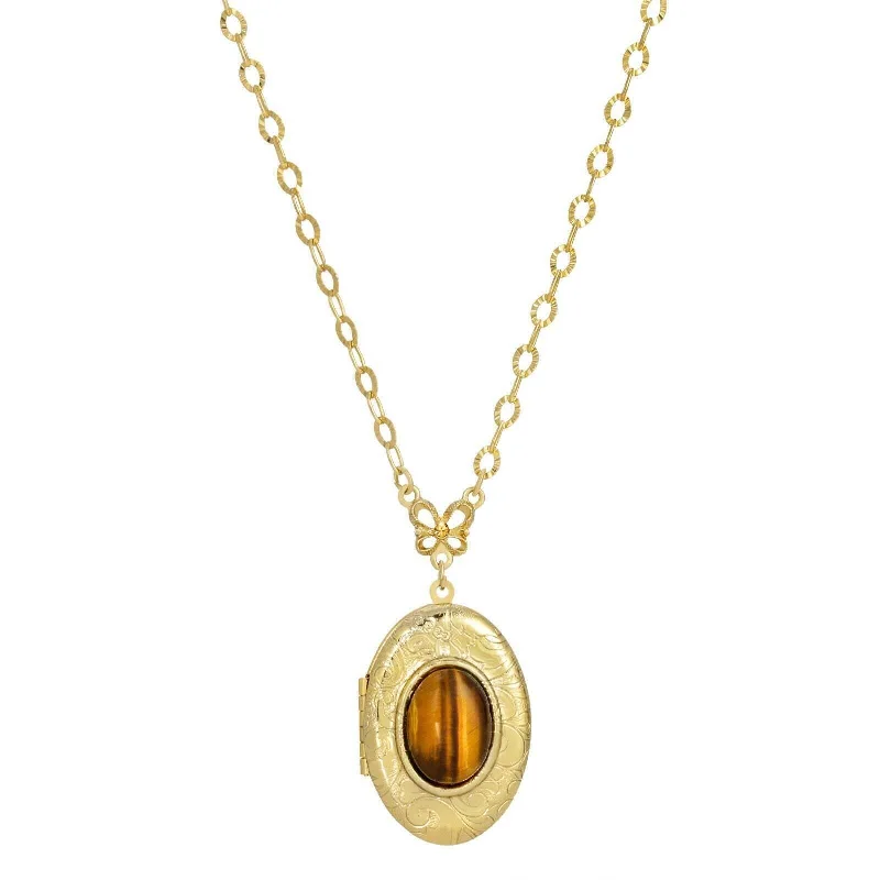 Women’s letter necklace-1928 Jewelry Oval Semi Precious Tiger Eye Etched Floral Locket Necklace 26"