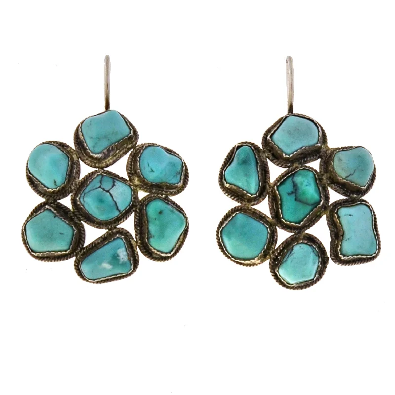 Women’s ear cuff earrings-Art Deco Chinese Sterling + Turquoise Cluster Earrings