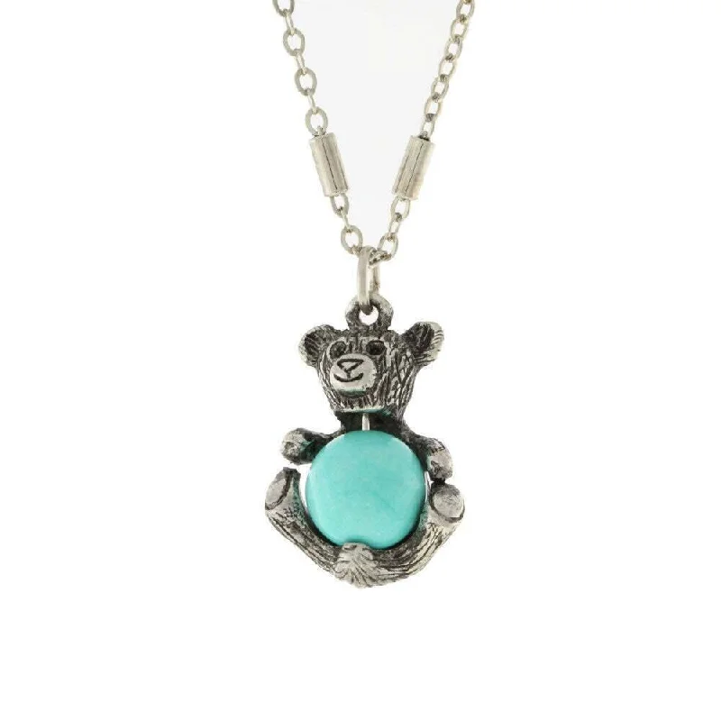 Women’s diamond necklace-1928 Jewelry Pewter Round Gemstone Teddy Bear Pendant Necklace 16" + 3" Extender