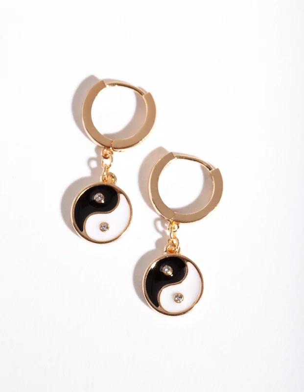 Women’s gold ball earrings-Gold Yin & Yang Huggie Earrings