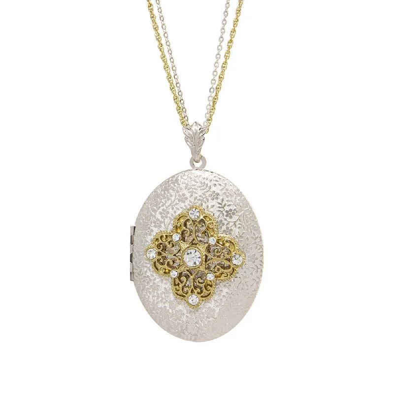 Women’s diamond and pearl necklace-1928 Jewelry Oval Floral Filigree & Crystal Photo Locket Necklace 32"