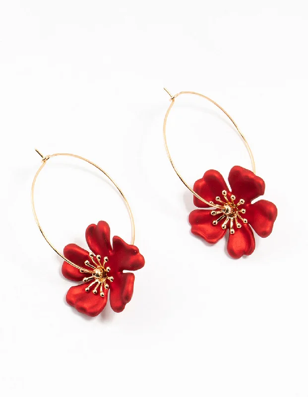 Women’s onyx earrings-Gold & Red Pearlised Stapled Flower  Drop Earrings