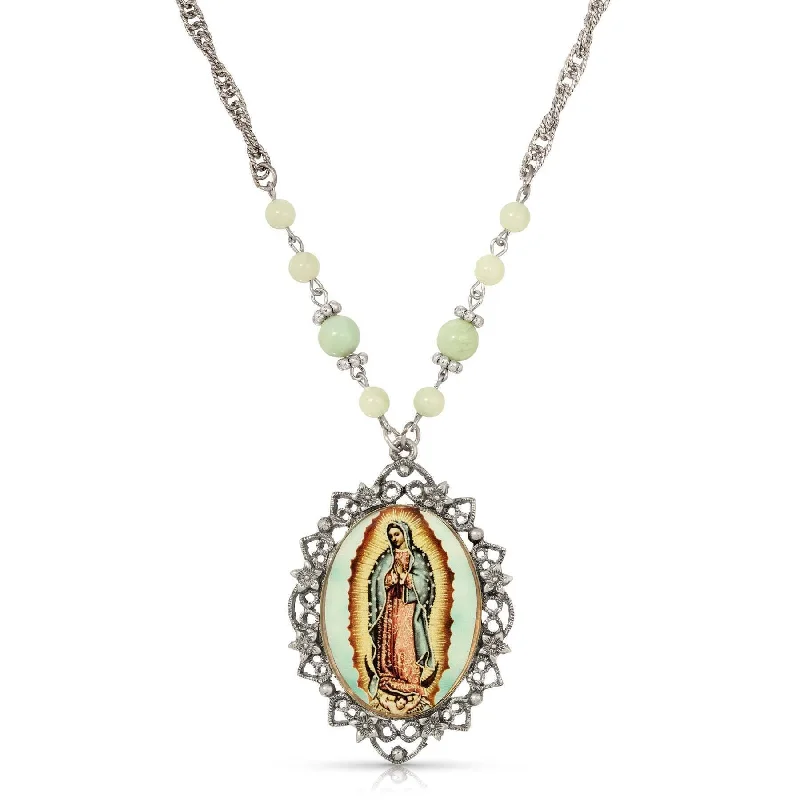 Women’s delicate necklace-Symbols Of Faith Green Bead Floral Filigree Our Lady Of Guadalupe Pendant Necklace 28"